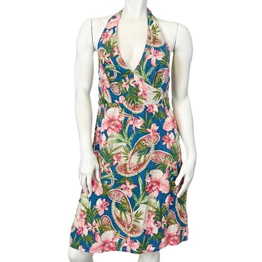 TOMMY BAHAMA Tropical Floral Paisley Print Linen Tie Up Halter Mini Dress